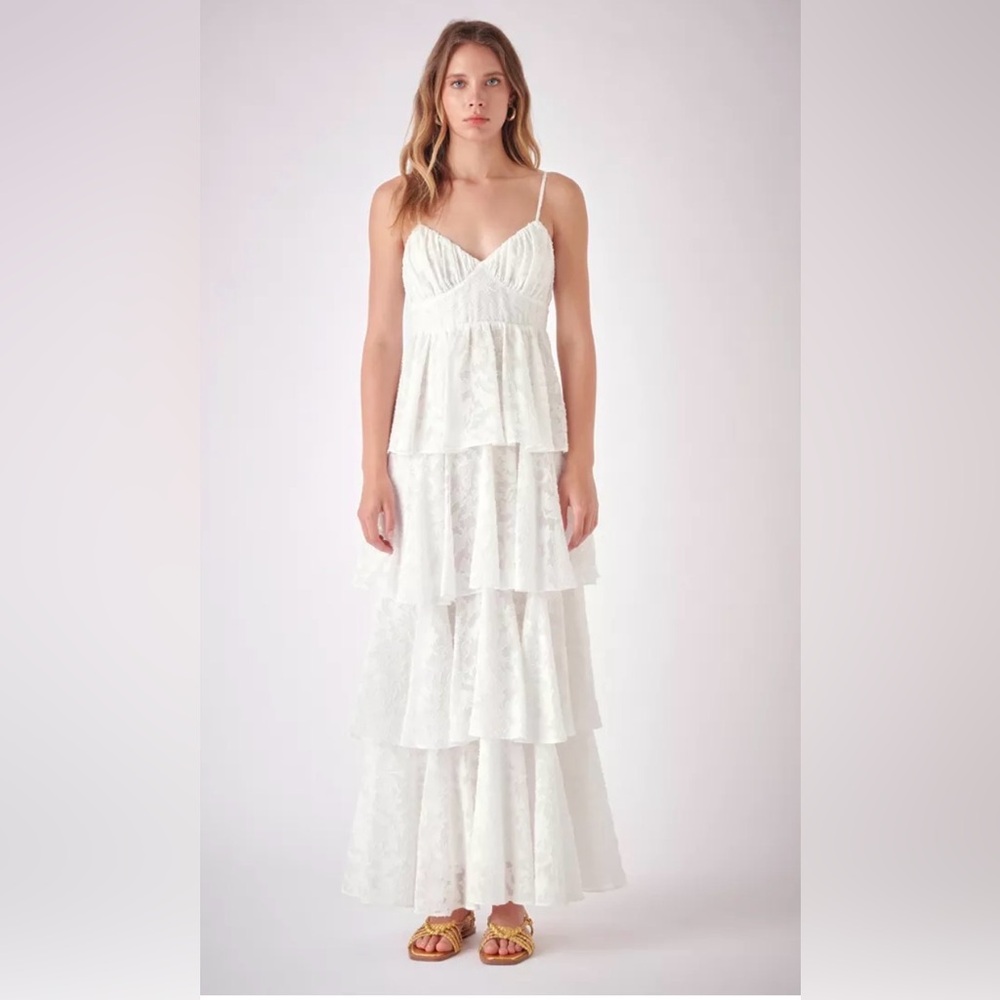 Free the Roses White Tiered Lace Maxi Dress small